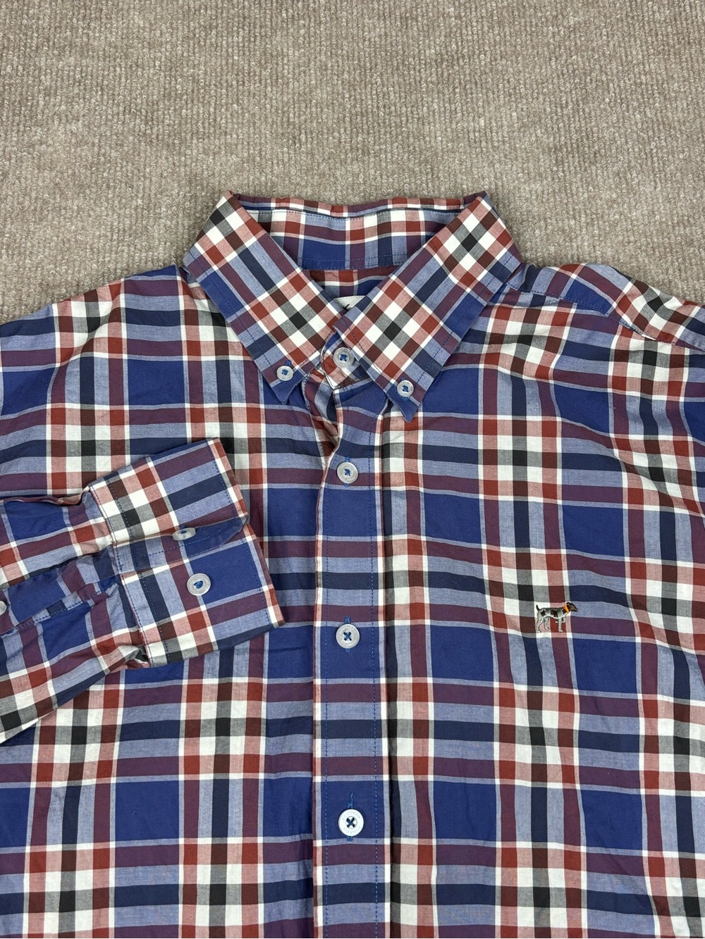 Southern Point Co Mens Medium Blue Red Plaid Button Down Shirt Dog Logo Pocket